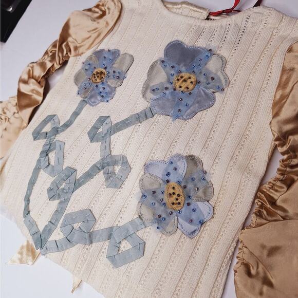 Meli Meli Boutique Mixed Media Top 2T Floral Applique Beaded Cotton Silk Cottage - Picture 3 of 8